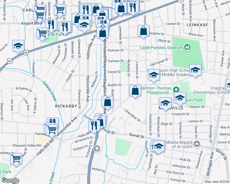 map of restaurants, bars, coffee shops, grocery stores, and more near 663 Ruth Street in Mobile
