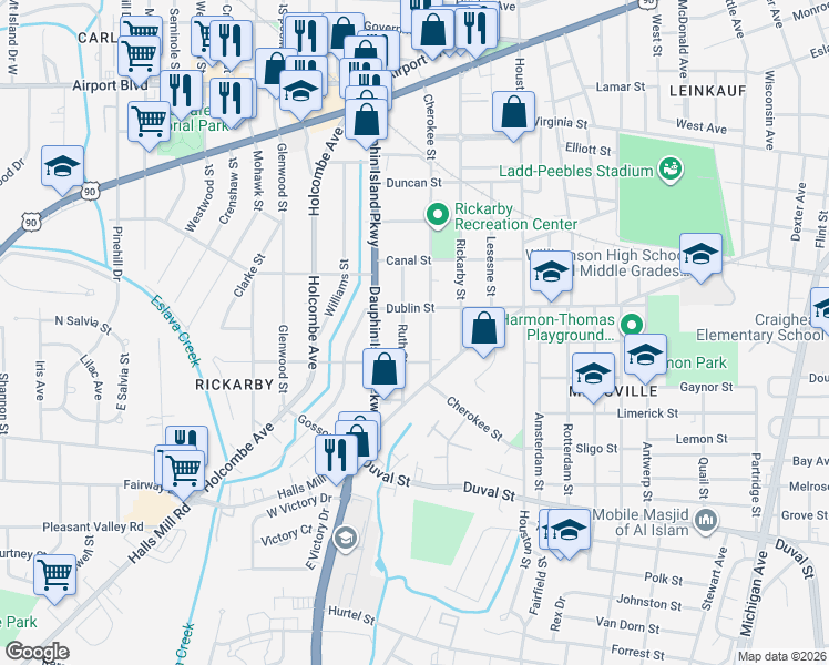 map of restaurants, bars, coffee shops, grocery stores, and more near 661 Ruth Street in Mobile