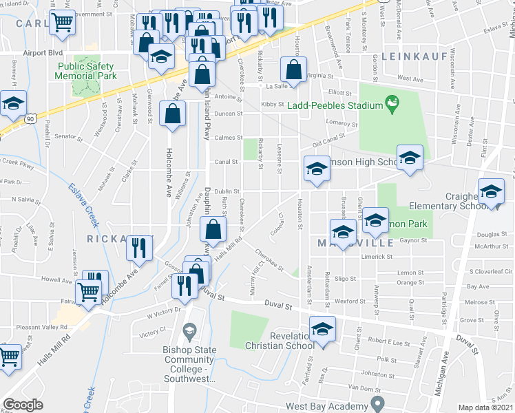 map of restaurants, bars, coffee shops, grocery stores, and more near 660 Rickarby Street in Mobile