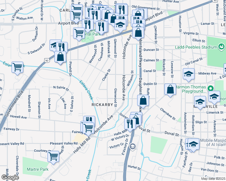 map of restaurants, bars, coffee shops, grocery stores, and more near 635b Glenwood Street in Mobile