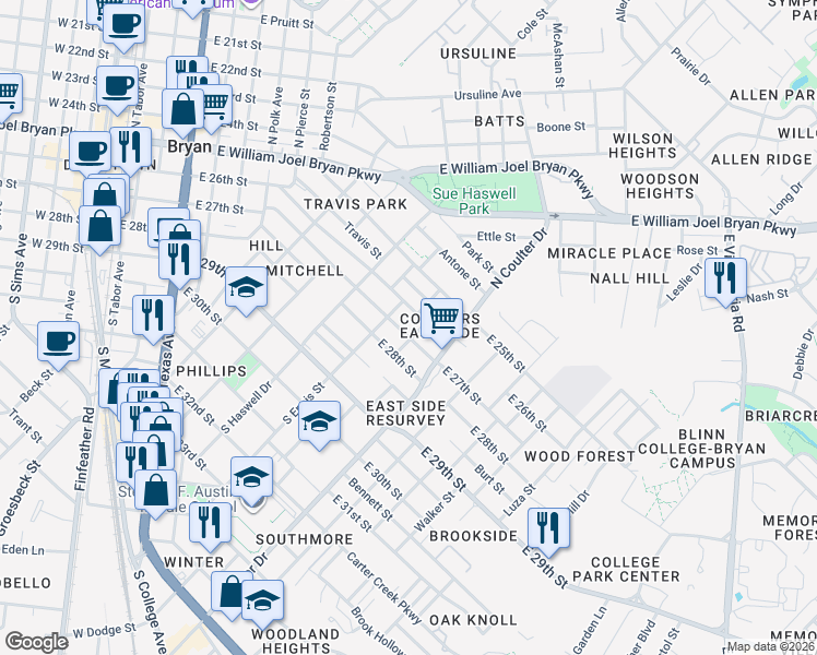 map of restaurants, bars, coffee shops, grocery stores, and more near 1110 East 27th Street in Bryan