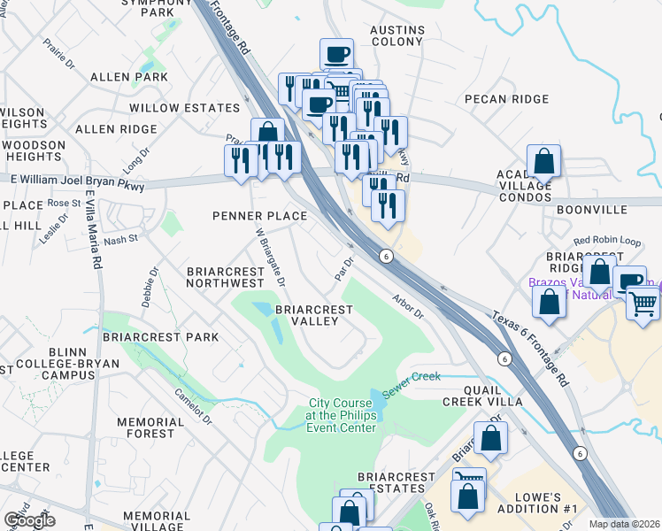 map of restaurants, bars, coffee shops, grocery stores, and more near 2307 East Briargate Drive in Bryan