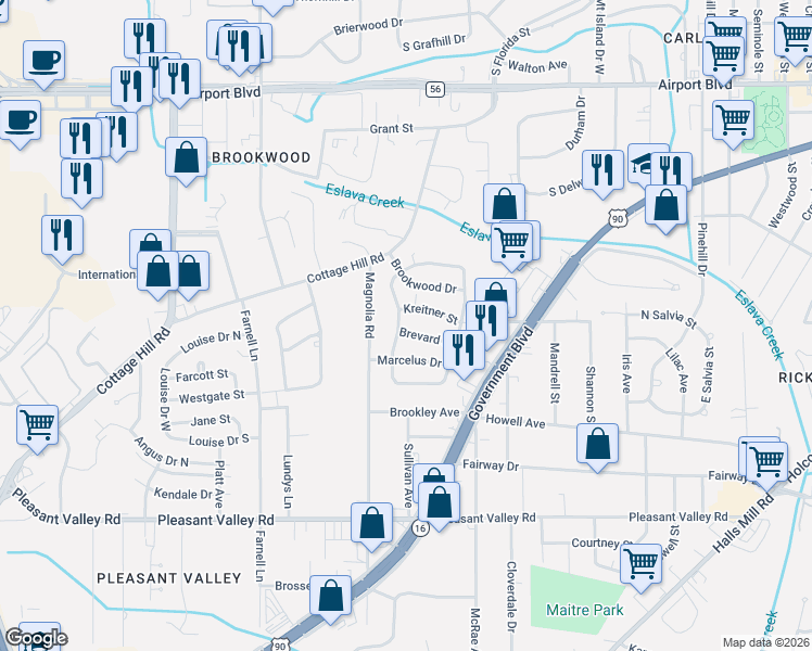map of restaurants, bars, coffee shops, grocery stores, and more near 2763 Brevard Drive in Mobile