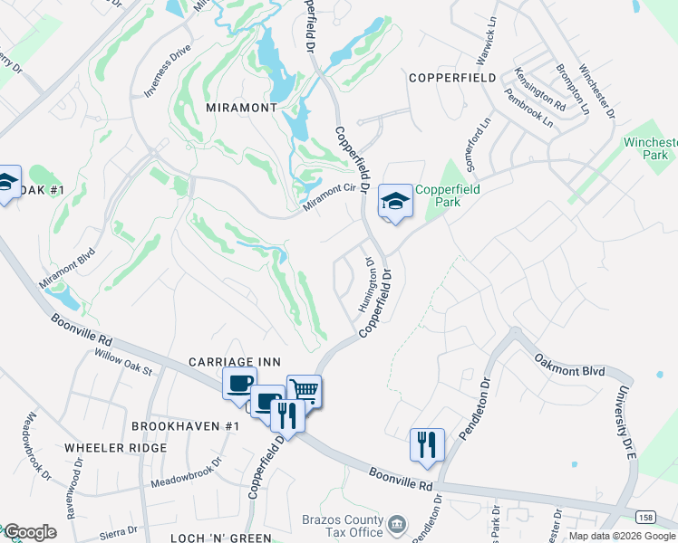 map of restaurants, bars, coffee shops, grocery stores, and more near 4717 Williamsburg Drive in Bryan