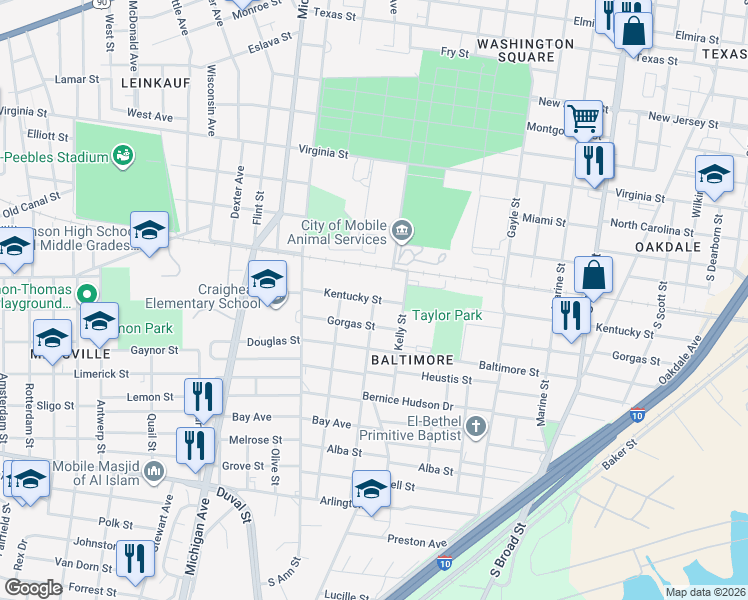 map of restaurants, bars, coffee shops, grocery stores, and more near 900 Ross Street in Mobile