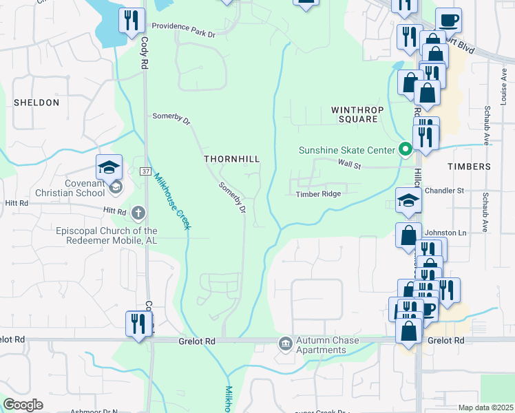 map of restaurants, bars, coffee shops, grocery stores, and more near 6716 Somerby Lane in Mobile