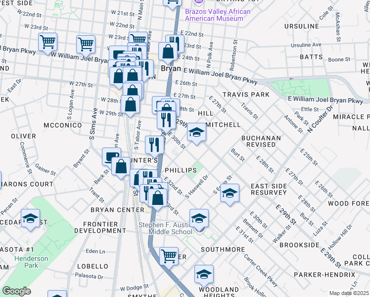 map of restaurants, bars, coffee shops, grocery stores, and more near 1200 South Baker Avenue in Bryan