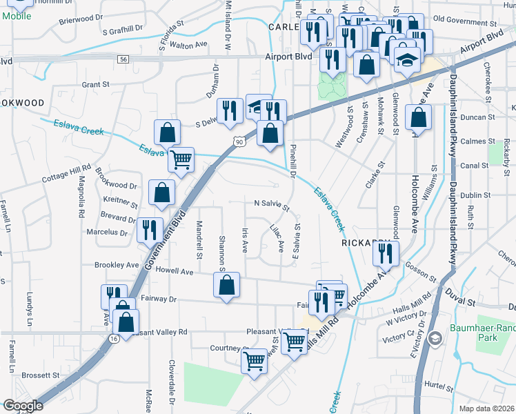 map of restaurants, bars, coffee shops, grocery stores, and more near 2461 North Salvia Street in Mobile