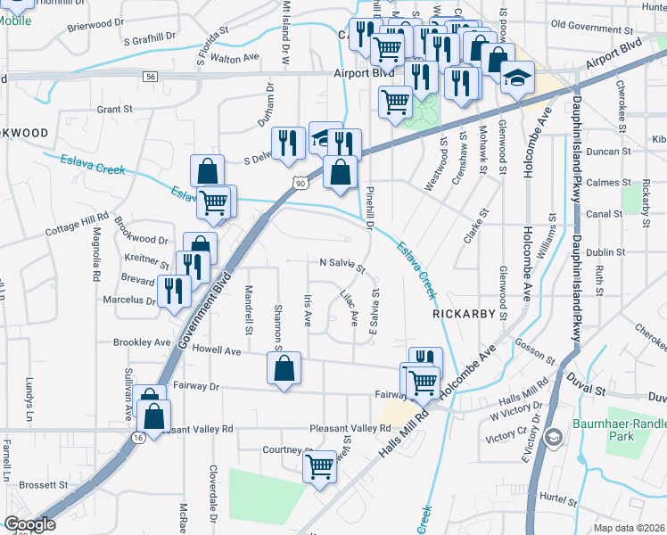 map of restaurants, bars, coffee shops, grocery stores, and more near 2461 North Salvia Street in Mobile