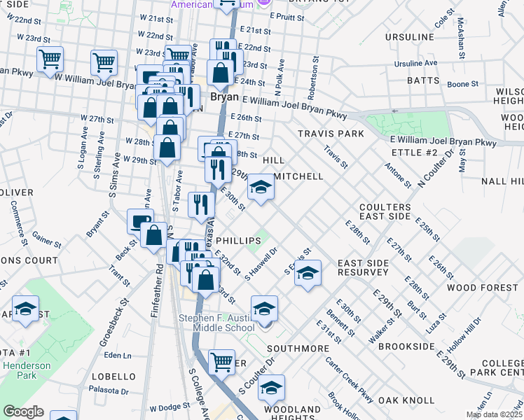 map of restaurants, bars, coffee shops, grocery stores, and more near 1200 South Baker Avenue in Bryan