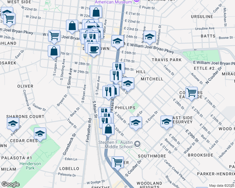 map of restaurants, bars, coffee shops, grocery stores, and more near 507 Texas 6 Business in Bryan