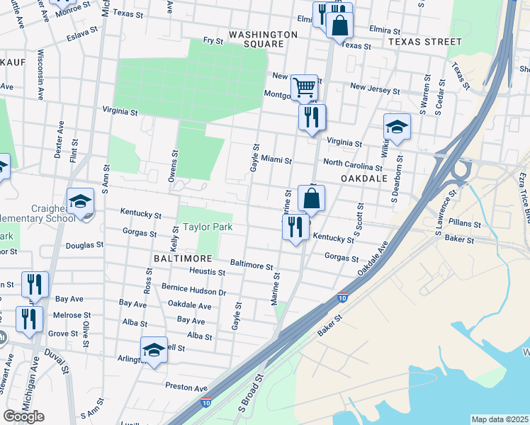 map of restaurants, bars, coffee shops, grocery stores, and more near 859 Charles Street in Mobile