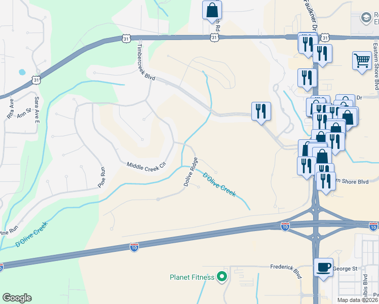 map of restaurants, bars, coffee shops, grocery stores, and more near 30432 Dolive Ridge in Spanish Fort