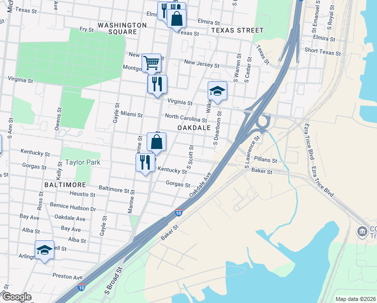 map of restaurants, bars, coffee shops, grocery stores, and more near 954 South Scott Street in Mobile