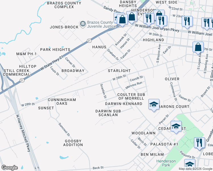 map of restaurants, bars, coffee shops, grocery stores, and more near 1850 West 28th Street in Bryan
