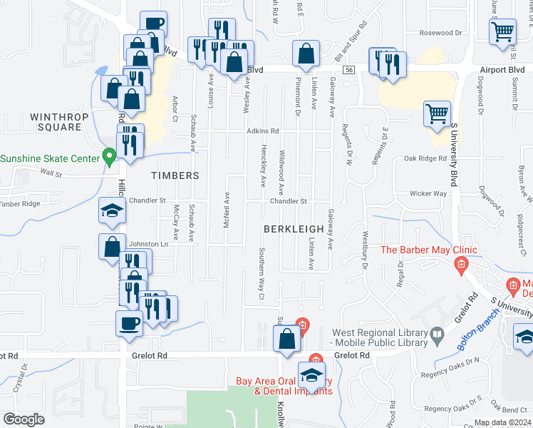 map of restaurants, bars, coffee shops, grocery stores, and more near 1250 Henckley Avenue in Mobile