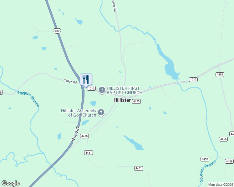 map of restaurants, bars, coffee shops, grocery stores, and more near County Road 4289 in Woodville