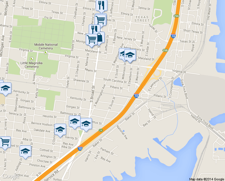 map of restaurants, bars, coffee shops, grocery stores, and more near 756 Pillans Street in Mobile