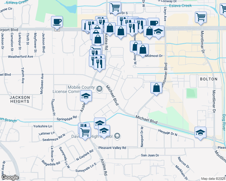 map of restaurants, bars, coffee shops, grocery stores, and more near 3768 Michael Boulevard Srv Road in Mobile