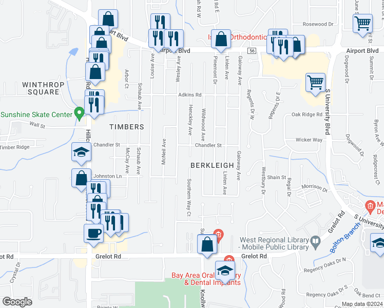 map of restaurants, bars, coffee shops, grocery stores, and more near 1001 Henckley Avenue in Mobile