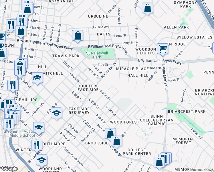 map of restaurants, bars, coffee shops, grocery stores, and more near 1582 Wimberly Place in Bryan