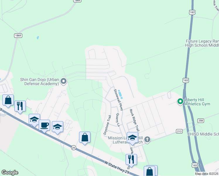 map of restaurants, bars, coffee shops, grocery stores, and more near 201 Siltstone Way in Liberty Hill