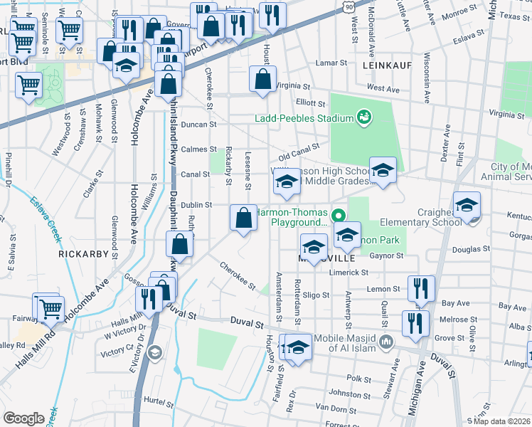 map of restaurants, bars, coffee shops, grocery stores, and more near 1800 Dublin Street in Mobile