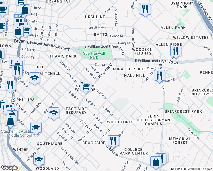 map of restaurants, bars, coffee shops, grocery stores, and more near 1582 Wimberly Place in Bryan