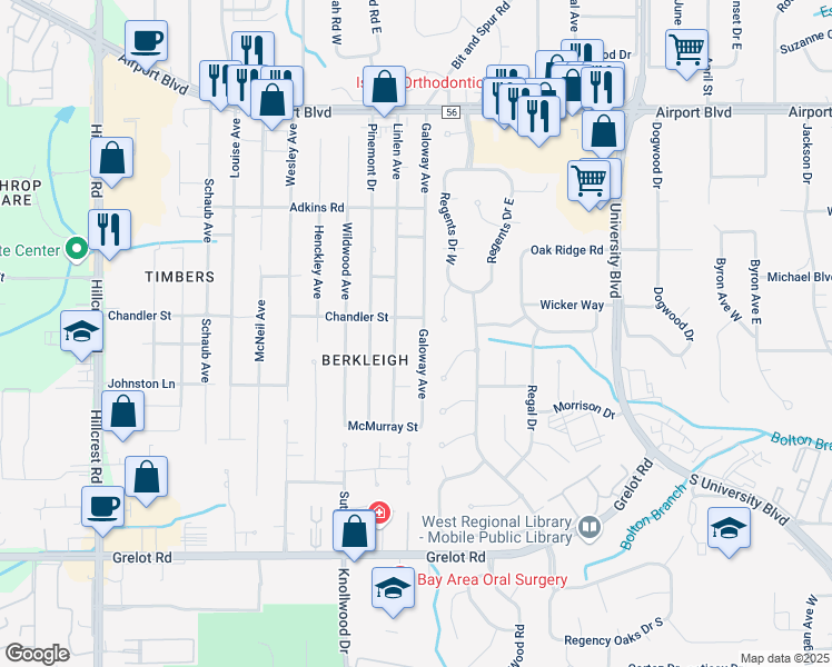 map of restaurants, bars, coffee shops, grocery stores, and more near 1001 Linlen Avenue in Mobile