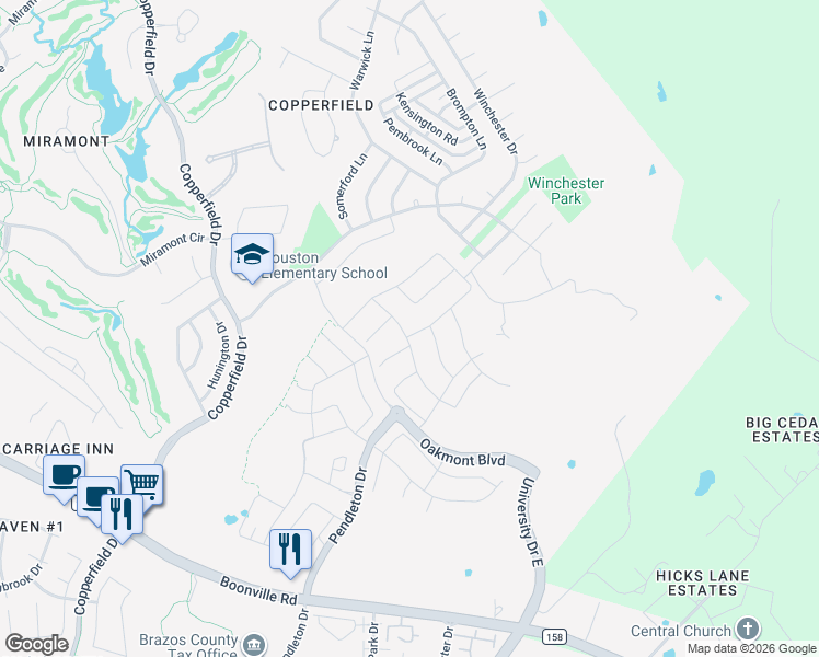 map of restaurants, bars, coffee shops, grocery stores, and more near 5402 Bloomsbury Way in Bryan