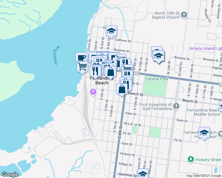 map of restaurants, bars, coffee shops, grocery stores, and more near 118 South 6th Street in Fernandina Beach