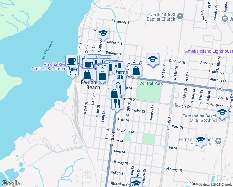 map of restaurants, bars, coffee shops, grocery stores, and more near 802 Ash Street in Fernandina Beach
