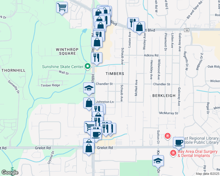 map of restaurants, bars, coffee shops, grocery stores, and more near 1005 Dickenson Avenue in Mobile