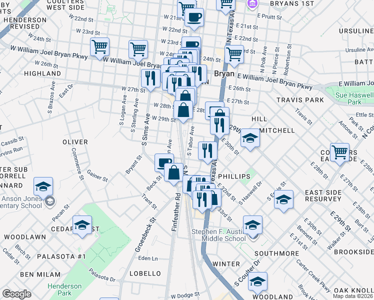 map of restaurants, bars, coffee shops, grocery stores, and more near 501-599 S Main St in Bryan