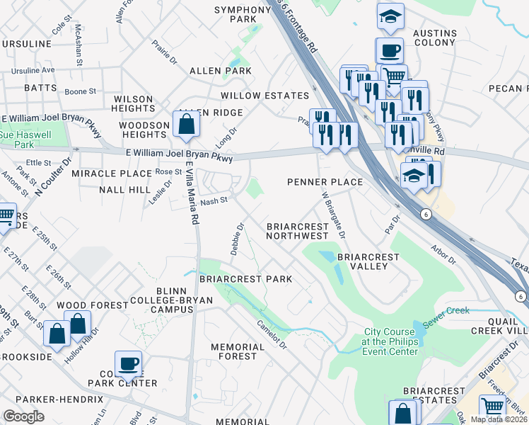 map of restaurants, bars, coffee shops, grocery stores, and more near 2614 Louisa Court in Bryan
