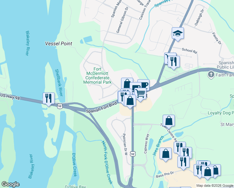 map of restaurants, bars, coffee shops, grocery stores, and more near 5 Confederate Dr S in Spanish Fort