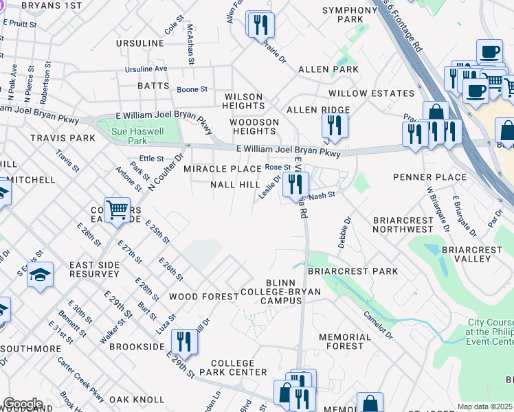 map of restaurants, bars, coffee shops, grocery stores, and more near 305 Leslie Drive in Bryan