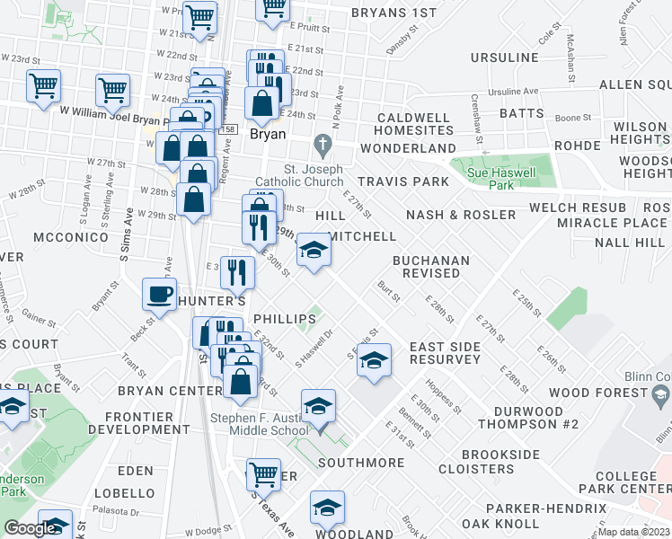 map of restaurants, bars, coffee shops, grocery stores, and more near 714 East 29th Street in Bryan