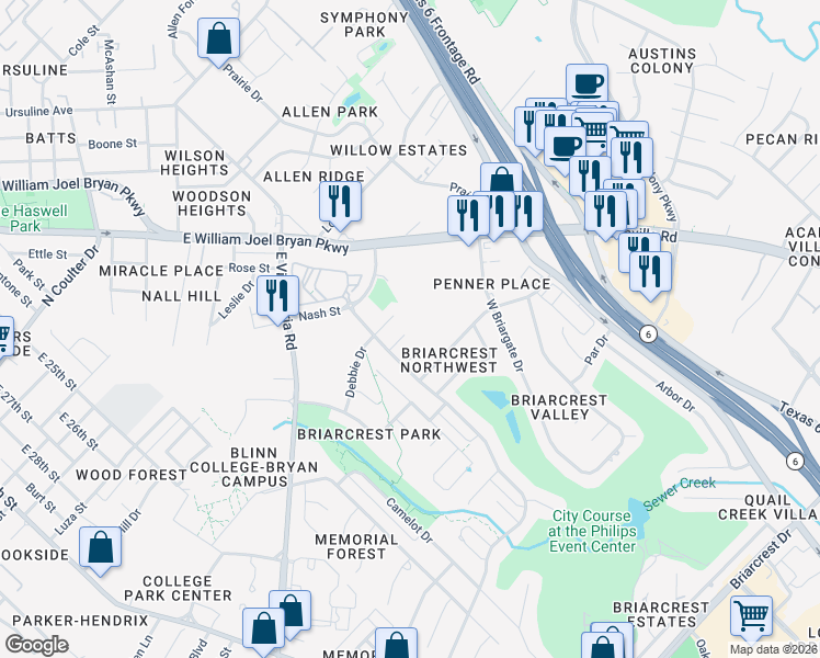 map of restaurants, bars, coffee shops, grocery stores, and more near 2614 Louisa Court in Bryan