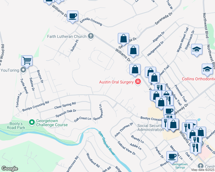 map of restaurants, bars, coffee shops, grocery stores, and more near 110 Oak Ridge Circle in Georgetown
