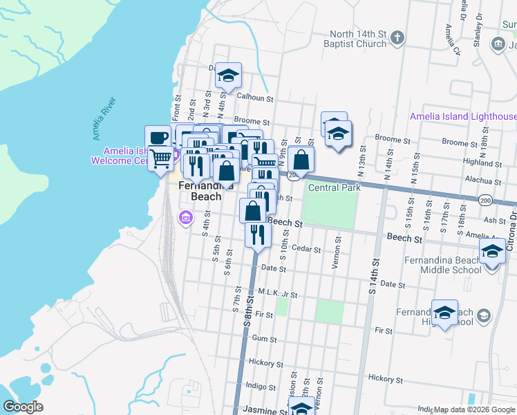 map of restaurants, bars, coffee shops, grocery stores, and more near 113 South 8th Street in Fernandina Beach