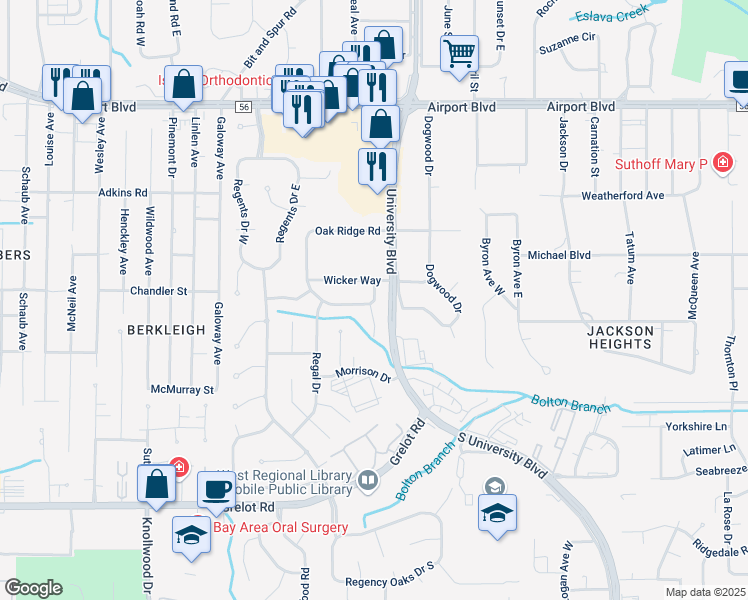 map of restaurants, bars, coffee shops, grocery stores, and more near 434 Firestone Dr E in Mobile