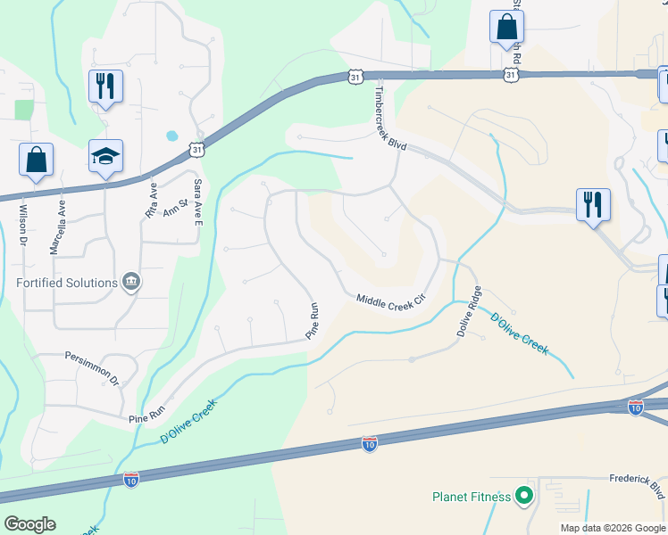 map of restaurants, bars, coffee shops, grocery stores, and more near 30475 Middle Creek Circle in Spanish Fort