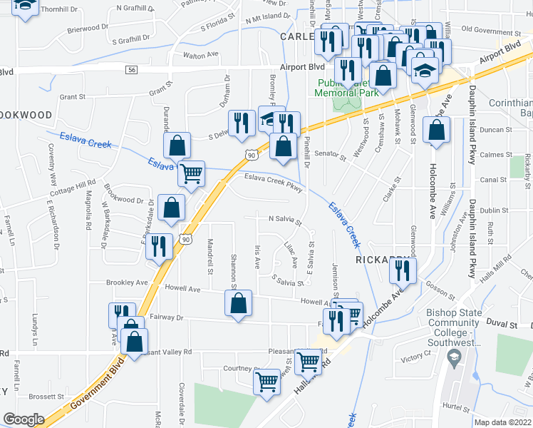 map of restaurants, bars, coffee shops, grocery stores, and more near 2468 North Salvia Street in Mobile