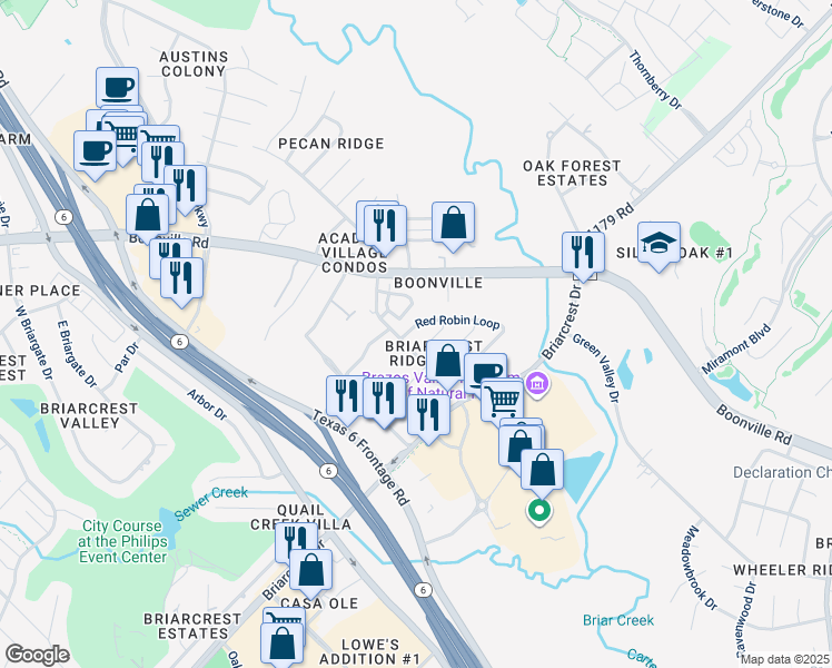 map of restaurants, bars, coffee shops, grocery stores, and more near 3004 Red Robin Loop in Bryan