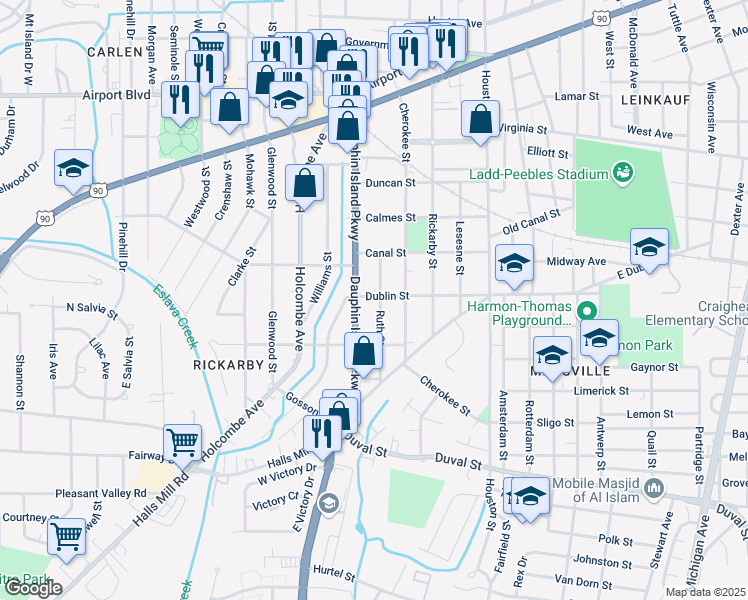 map of restaurants, bars, coffee shops, grocery stores, and more near 651 Ruth Street in Mobile