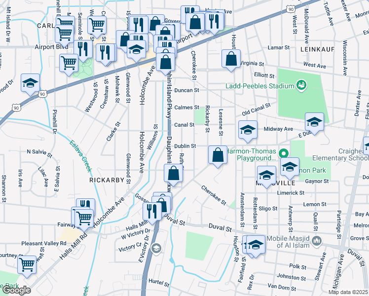 map of restaurants, bars, coffee shops, grocery stores, and more near 651 Ruth Street in Mobile