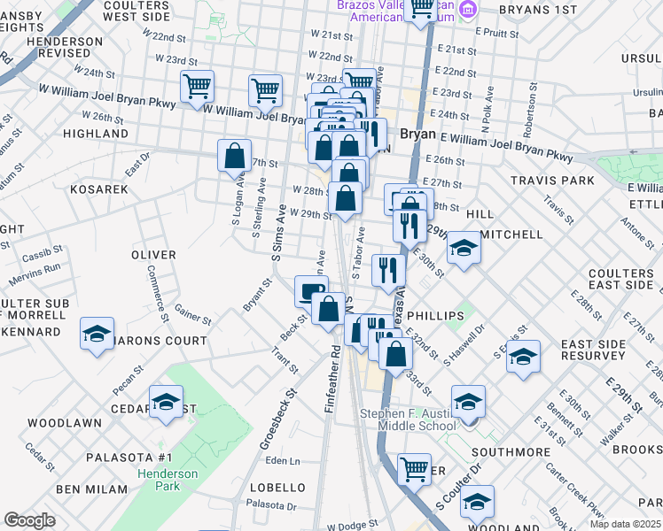 map of restaurants, bars, coffee shops, grocery stores, and more near 501-599 S Main St in Bryan