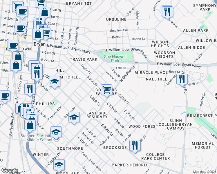 map of restaurants, bars, coffee shops, grocery stores, and more near 1405 East 25th Street in Bryan