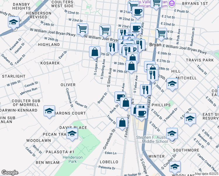 map of restaurants, bars, coffee shops, grocery stores, and more near 108 North Bryan Avenue in Bryan